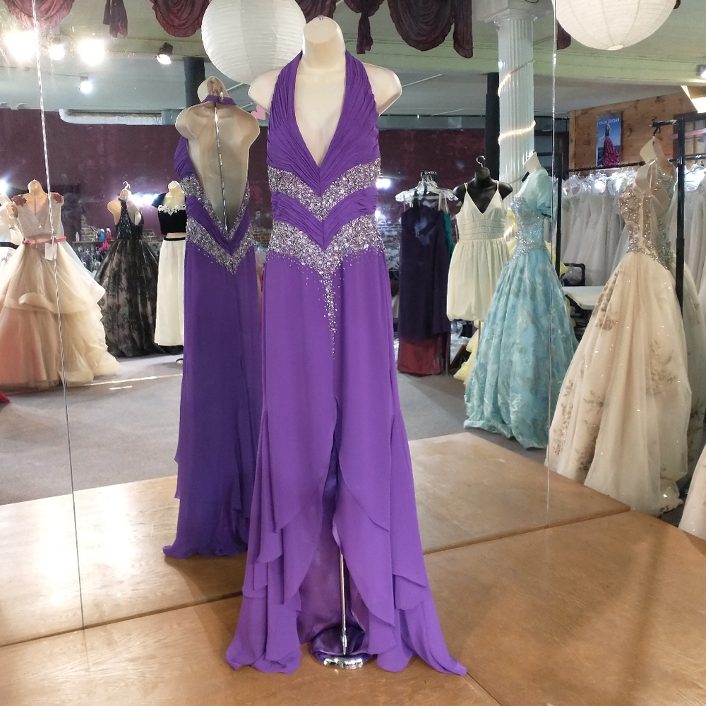Precious Formals Ruched & Beaded Front Slit Dress
